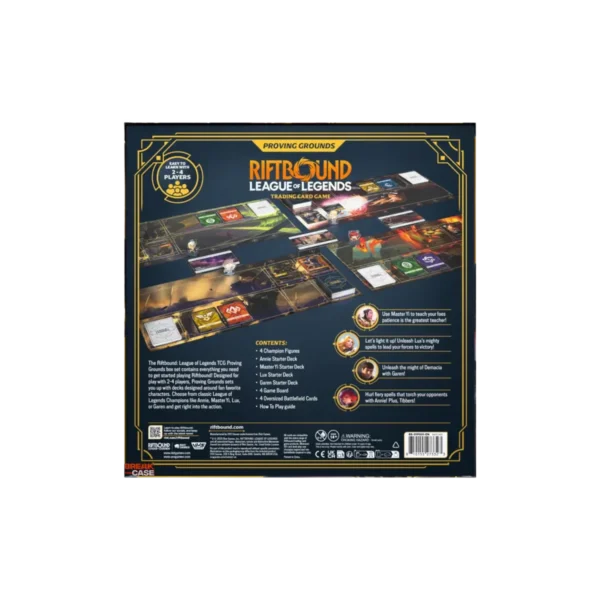 Riftbound Proving Grounds Rückseite der Verpackung mit Inhaltsangabe und Spielmaterial-Details - Amzicards TCG Shop